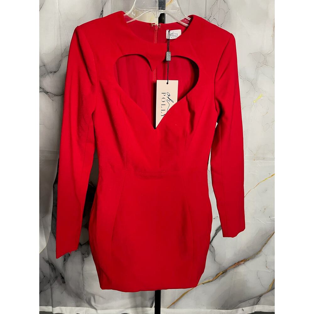 Oh Polly Luciana Heart Cut-Out Long Sleeve Midi Dress in Fire Red Size 4 (UK 8)